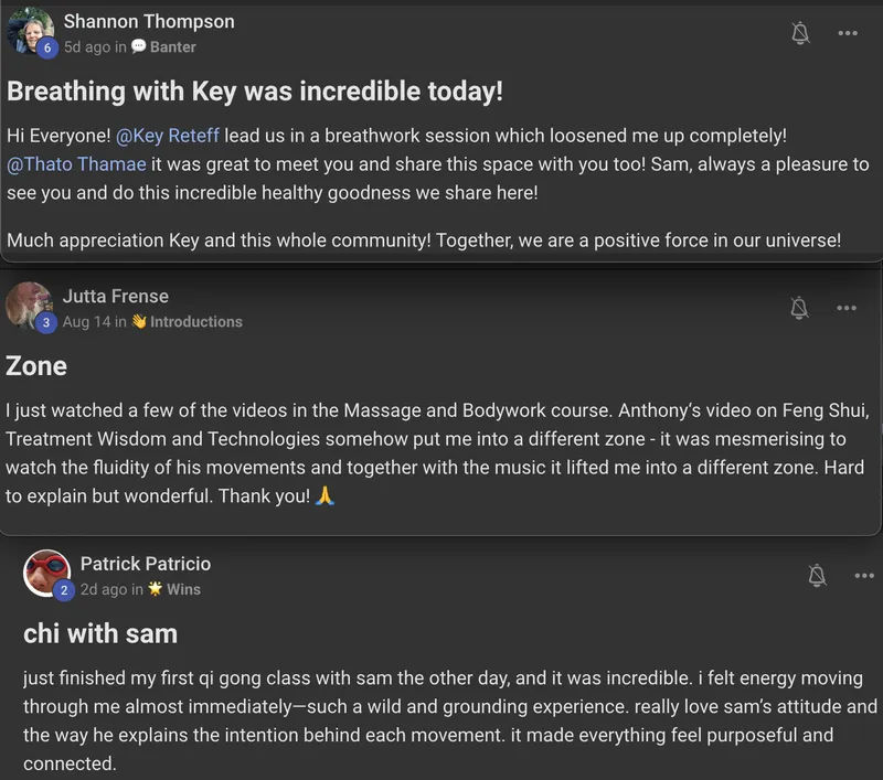 Real testimonials from our community members — Shannon Thompson, Jutta Frense, and Patrick Patricio sharing their experiences